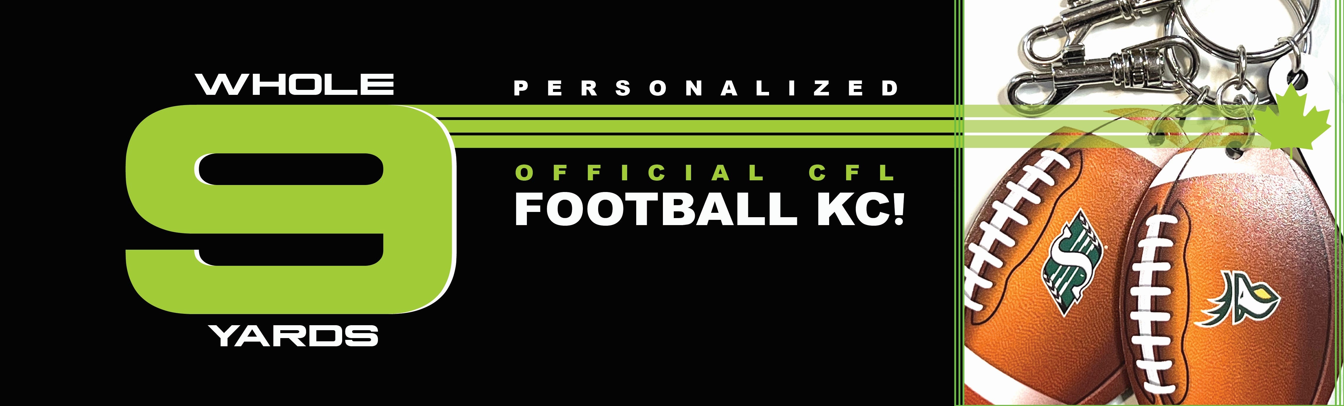 Canadian Football League banner with leather football keychains. Has text that says