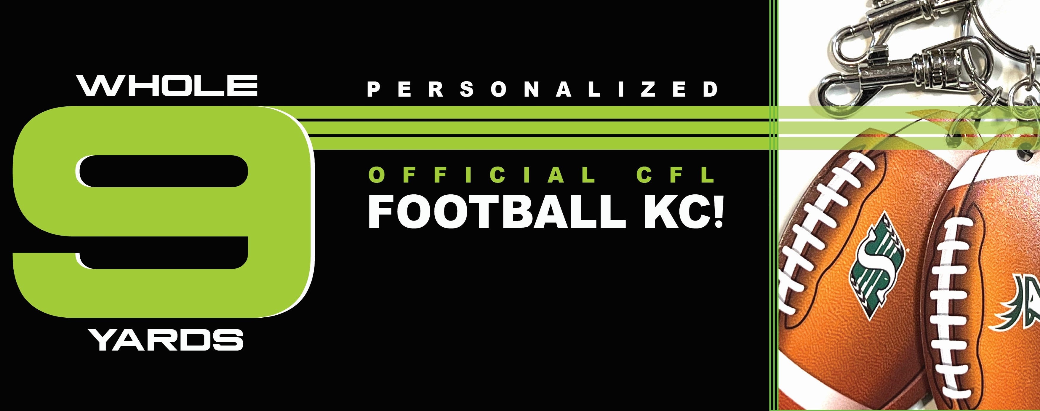 Canadian Football League banner with leather football keychains. Has text that says