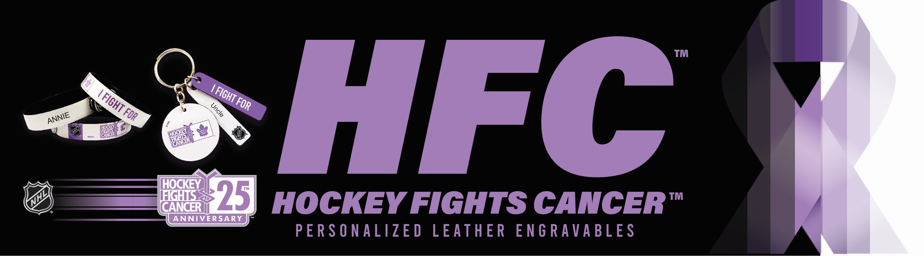 banner with purple and white leather products. has text that says