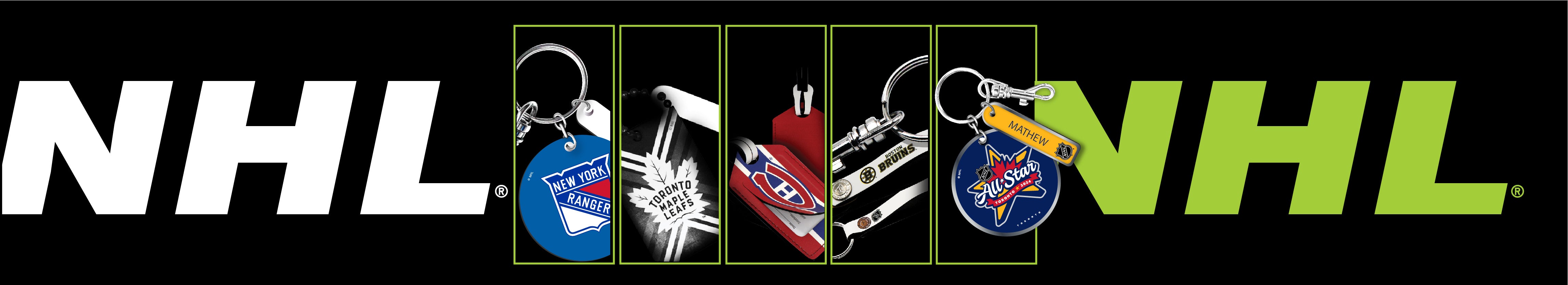 Banner with NHL text and different NHL themed keychains and luggage tags
