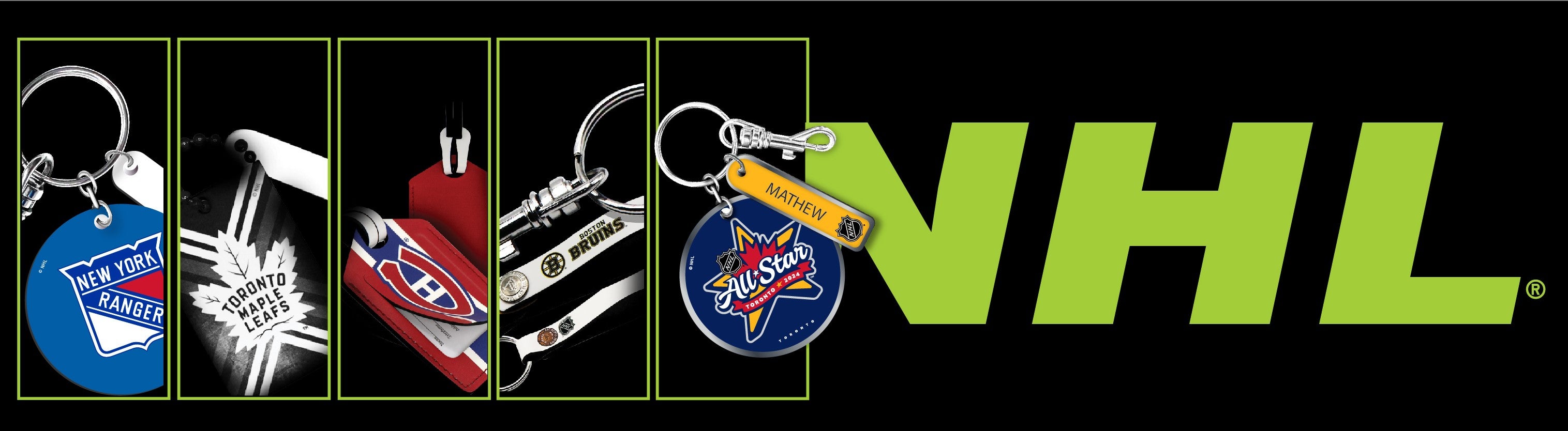 Banner with NHL text and different NHL themese keychains and luggage tags