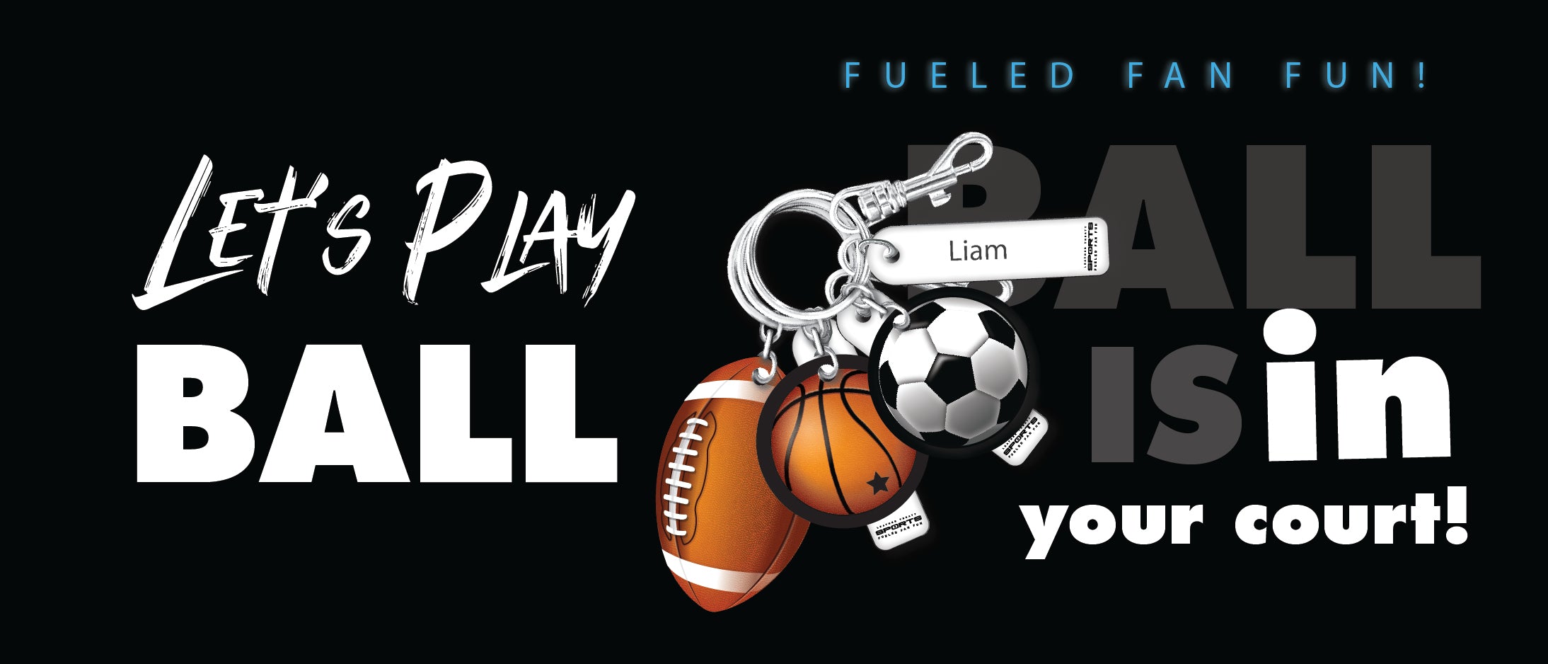 Banner for collection of leather sports ball keychains