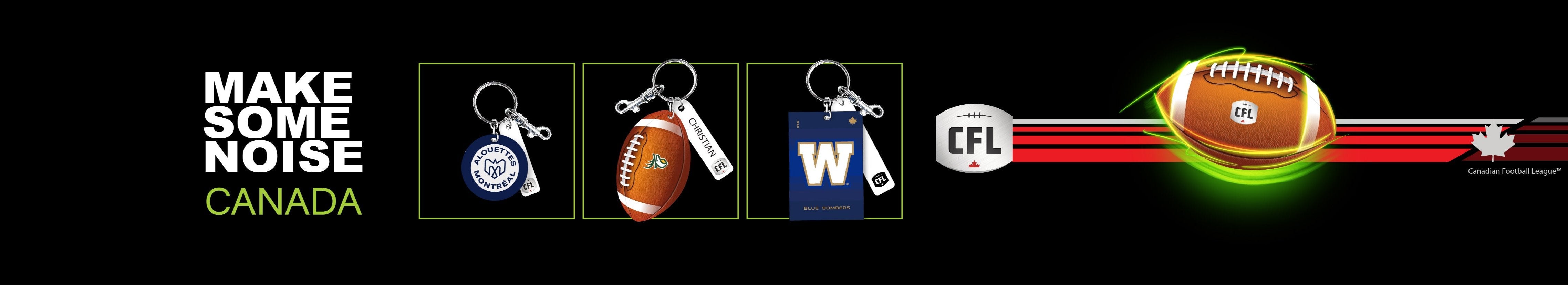 Canadian Football League banner with leather keychains. Has text that says 