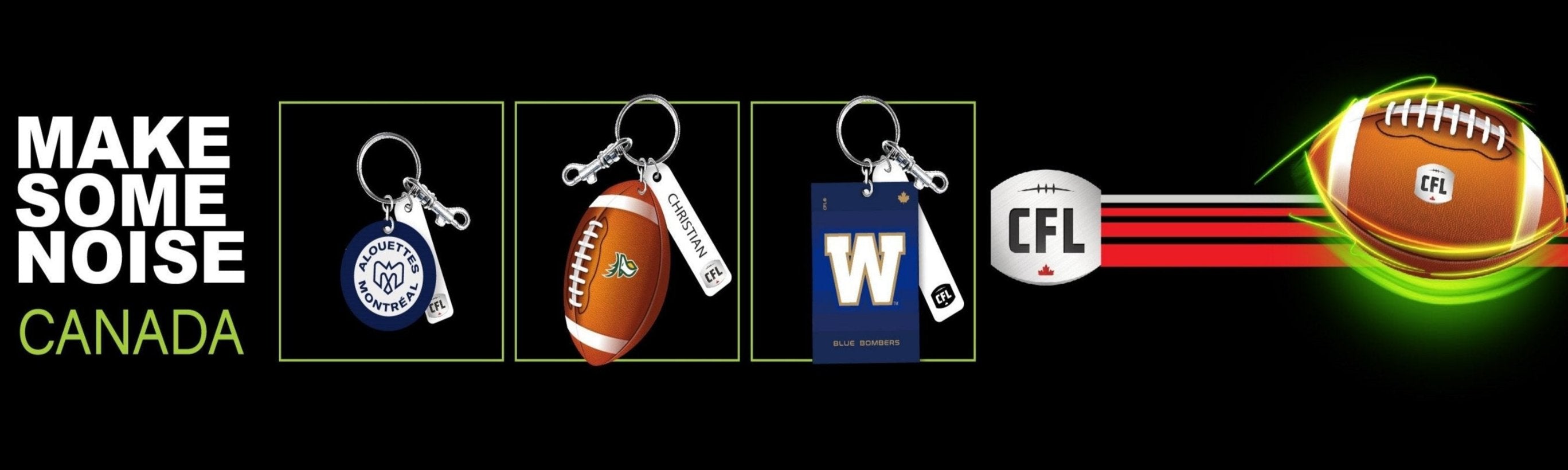 Canadian Football League banner with leather keychains. Has text that says 
