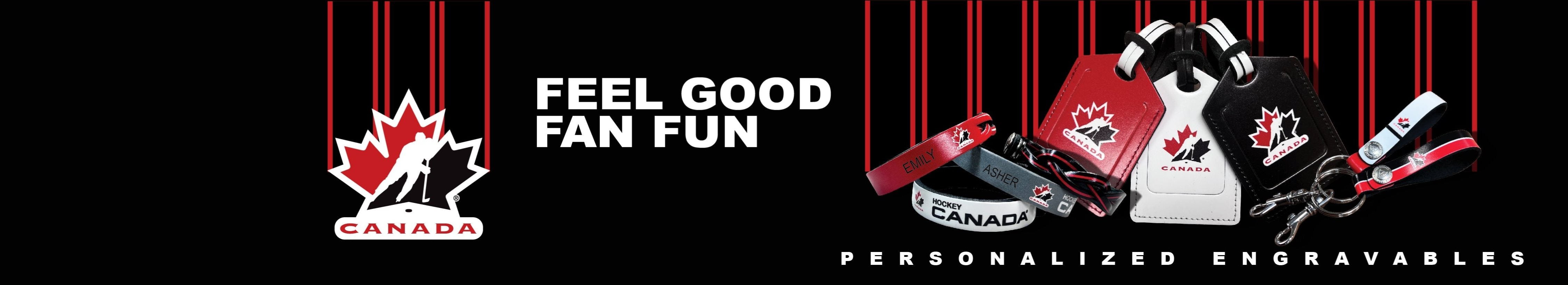 Hockey Canada logo and leather bracelets, keychains, and luggage tags with Hockey Canada logo and colors. Banner has text that says 