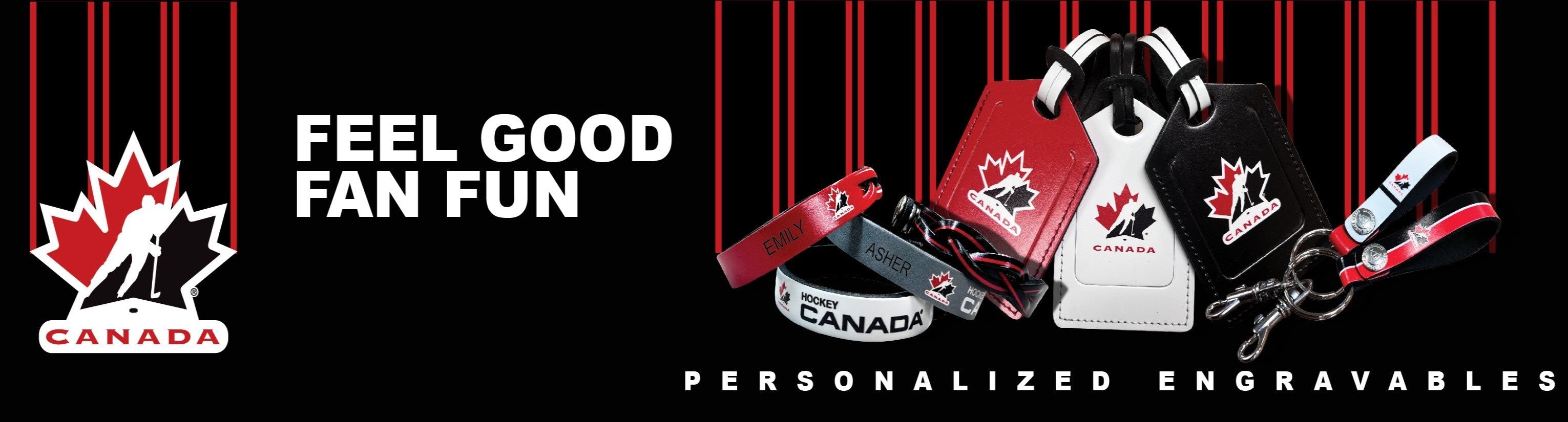 Hockey Canada logo and leather bracelets, keychains, and luggage tags with Hockey Canada logo and colors. Banner has text that says 