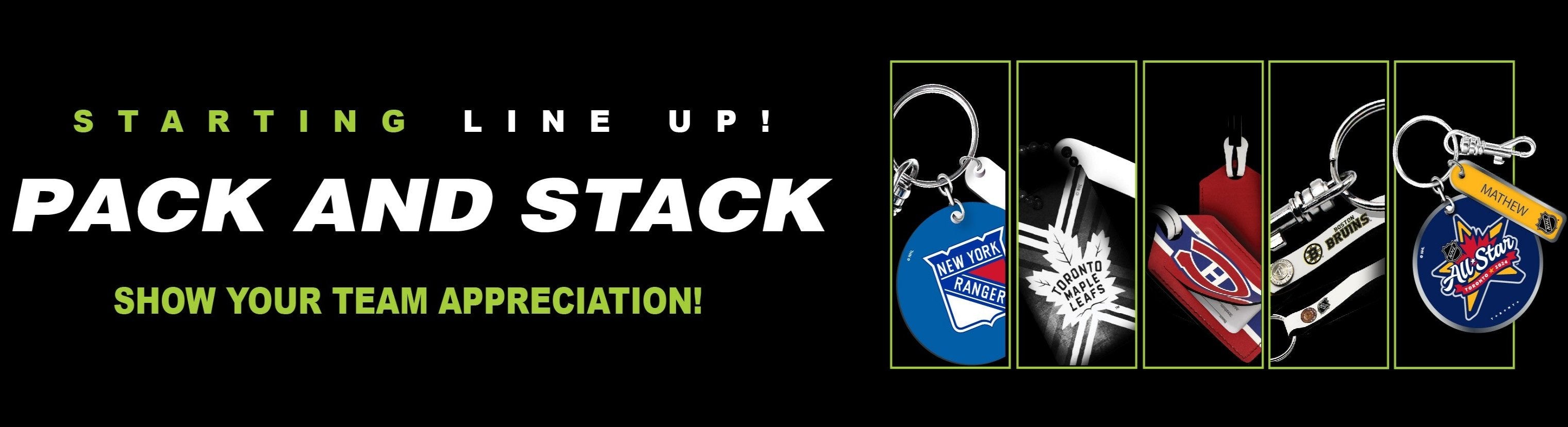 banner with NHL leather keychains and luggage tags. has text that says 