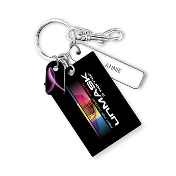 Black leather rectangle keychain with text that says Unmask a warrior and a name engraved